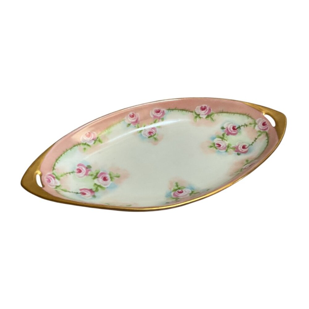 O&EG Royal Austria Vintage Porcelain Oval Dish Pink Roses Gold Trim 9"